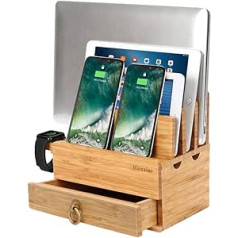 iCozzier 4 slotu noņemams bambusa pulksteņu statīvs ar atvilktņu uzlādes staciju vairākām ierīcēm Doks iWatch, viedtālruņiem, planšetdatoriem, klēpjdatoriem