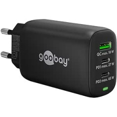 Goobay 65407 USB C lādētāja barošanas avots 65 W barošanas piegāde PD ātrais lādētājs / iPhone/Android/USB-C un USB-A 3 portu miniadapteris ligzdai/melns