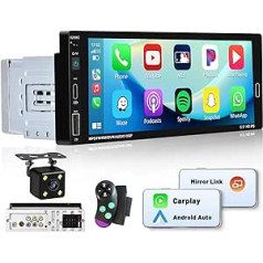 1 DIN automobilio radijo belaidis Carplay Android automobilis, 6,9 colio automobilio radijo jutiklinis ekranas su Bluetooth laisvų rankų įranga ir FM Mirror Link EQ/USB/SWC/4 LED HD atbulinės eigos kamera