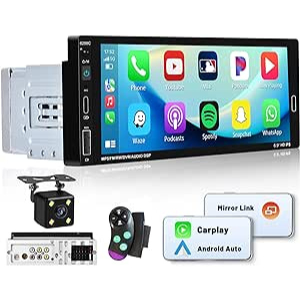 1 DIN automašīnas radio bezvadu Carplay Android mašīna, 6,9 collu automašīnas radio skārienjutīgs displejs ar Bluetooth brīvroku komplektu un FM Mirror Link EQ/USB/SWC/4 LED HD atpakaļgaitas kamera