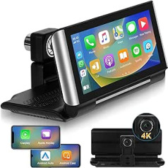 Bezvadu Apple Carplay Android automašīnas radio ar 4K Dash Cam priekšpusi, 6,86 collu salokāmu skārienekrāna automašīnas radio ar Bluetooth/FM raidītāju/Airplay/Mirror Link/BSD/DVR/WiFi video/balss vadību/TF