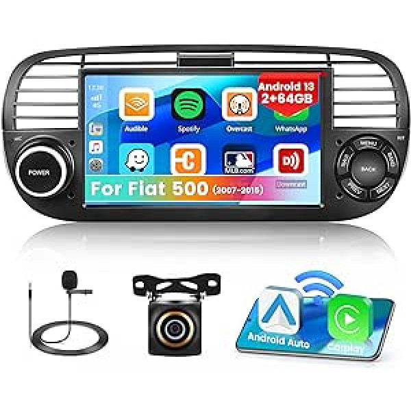 2G + 64G Android 13 automašīnas radio tālrunim Fiat 500 (2007-2015) bezvadu CarPlay Android automašīna, 7 collu automašīnas radio ar ekrāna displeju Bluetooth brīvroku komplekts GPS WiFi FM RDS atpakaļgaitas kamera, melna