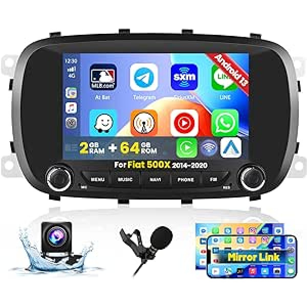 Hikity Wireless Carplay automašīnas radio ar satelīta navigācijas ierīci Fiat 500X 2014-2020 Android 13 7 collu 2G 64G automašīnas radio stereo ar Bluetooth WiFi FM RDS spoguļa saiti Android Car SWC MIC atpakaļgaitas kamera