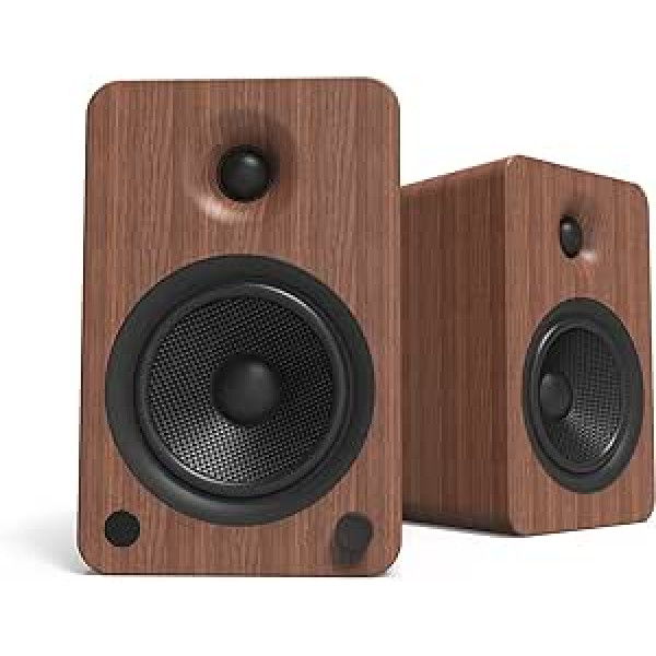 Kanto YU6WALNUT darbināmi skaļruņi ar Bluetooth, iebūvēts fono priekšpastiprinātājs, 200 W maksimālā jauda, 1 collas zīda kupola augstfrekvences skaļrunis un 5,25 collu Kevlar draiveris, automātiskā gaidstāve un palaišana, iekļauta tā