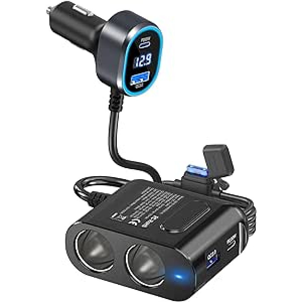 PD65W, skirtas nešiojamam kompiuteriui, 200 W automobilio skirstytuvui: automobilio cigarečių degiklio adapteris 12 V dvigubas USB C įkroviklis 2 kelių lizdų 12 voltų nuolatinės srovės kištuko skirstytuvas su LED voltmetru, skirtas iPhone sėdyn