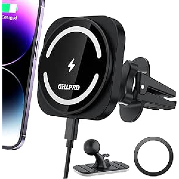 OHLPRO Car Mobile Phone Holder with Charging Function, for Magsafe Car Mount and iPhone 15/15 Pro/15 Pro Max and 14/13/12 Series, 360° Rotatable Super Strong Magnet Suitable for Most Vehicles