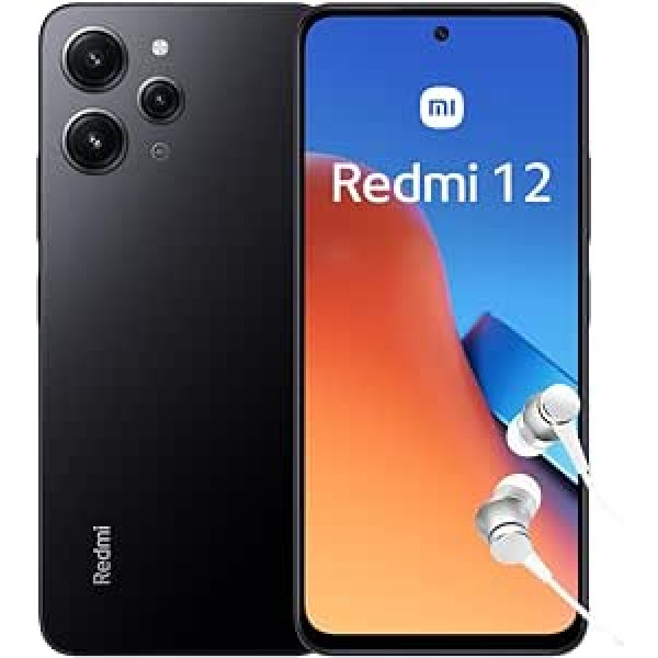 Xiaomi Redmi 12 viedtālrunis + austiņas, 8 + 256 GB, mobilais tālrunis bez līguma, 6,79 collu FHD+ displejs, 5000 mAh, 50 MP kamera, 18 W ātra uzlāde, divas SIM kartes, pusnakts melna