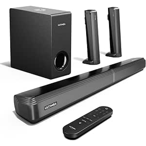 ULTIMEA 4.1 ch Dolby Atmos skaņas josla televizoriem ar zemfrekvences skaļruni, 2 in-1 Bluetooth 5.3 skaņu josla televizoram, 280 W maksimālā jauda, 3 ekvalaizera režīmi televizora skaņas josla, regulējams bass, HDMI eARC, Apollo S60 sēr