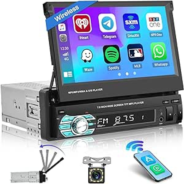 Hikity Car Radio 1 DIN Apple Carplay Android Car, 7 collu manuāli izvelkama skārienekrāna automašīnas radio ar Bluetooth brīvroku komplektu Lien Miroir AUX USB TF FM SWC atpakaļgaitas kamera