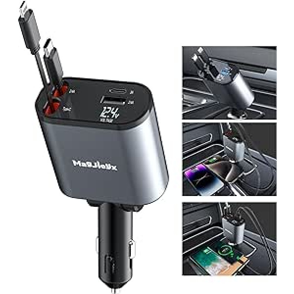 MAGJIEYX 100 W automašīnas lādētājs cigarešu šķiltavas USB C un Lightning 4 in 1 adapteris, izvelkamais automašīnas mobilā tālruņa ātrā lādētājs, automašīnas lādētājs, saderīgs ar iPhone 15/14 Pro Max Plus/Samsung/Google Pix