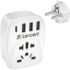 LENCENT Travel Adapter Universal Plug Travel Plug uz Vāciju DE ligzda ārvalstu ierīcēm no Apvienotās Karalistes Anglijas ASV Amerikas Ķīnas Šveices spraudnis ar 3 USB un 1 Type-C pieslēgvietu