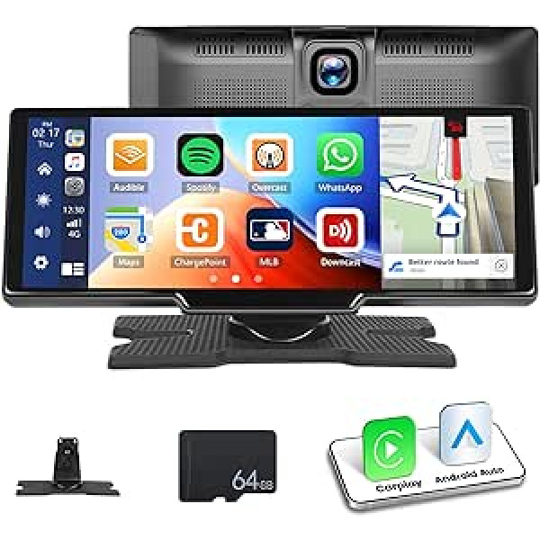 CAMECHO bezvadu CarPlay un Android automašīnas stereo ar paneļa kameru priekšpusē, 9,3 collu HD skārienekrāns, pārnēsājams automašīnas radio bezvadu Carplay ar Bluetooth Siri/GPS/FM/AUX/64G SD kartes pārnēsājamo viedo atskaņotāju