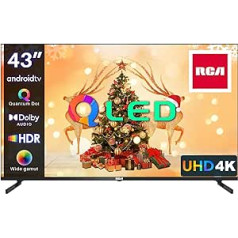 RCA 43 collu QLED televizors 4K UHD viedais televizors HDR HLG Dolby Audio Android televizors Google palīgs trīskāršs uztvērējs WiFi Bluetooth HDMI USB (2023)