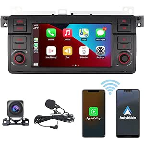 HLLECARMO Car Radio Wireless Carplay BMW 3 Series E46 Radio 3 Series 1999-2004 Bluetooth ar 7 collu ekrāna skārienekrānu AM/FM USB mikrofons + atpakaļgaitas kamera EQ SWC