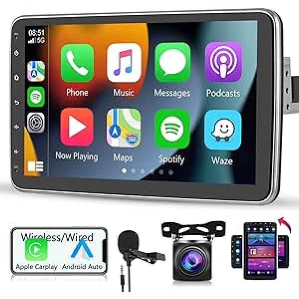 Hodozzy Apple Carplay Android automašīnas radio 1 DIN ar 10 collu 180° 2,5 D vertikāli rotējošu ekrānu ar navigācijas WiFi, automašīnas radio Bluetooth/FM/RDS/SWC/USB/HiFi+AHD atpakaļgaitas kameru