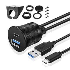 TNP USB C + USB Socket Cable - 1 m, Car USB 3.0 Installation Socket Cable, USB Type C Extension Cable, Dashboard Cable, 2x Male to 2x Female Adapter for Car, Truck, Boat, Motorcycle, Black