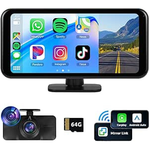 Hodozzy portatīvais automašīnas radio ar 4K Dash Cam ADAS, pārnēsājams 6,25 collu skārienekrāns Apple Carplay un Android automašīnas ekrāna paneļa kamera priekšējā Bluetooth displeja cilpas ierakstīšanas video, spoguļa saite, TF/FM/AUX