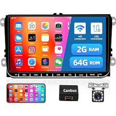 2+64G Android 13 automašīnas radio ar iOS/Android spoguļa saiti priekš VW Skoda Passat Touran Seat Polo T5, 9 collu ekrāns dubultā DIN ar navigācijas Bluetooth brīvroku komplektu / FM/RDS atpakaļgaitas kameru