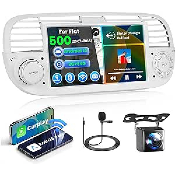 Hikity 2G 64G Android13 bezvadu Carplay automašīnas radio ar satelīta navigācijas ierīci Fiat 500 2007-2015 7 collu skārienekrāna automašīnas radio ar Bluetooth brīvroku komplektu Android automašīnas WiFi RDS FM SWC atpakaļgaitas kamera (balt