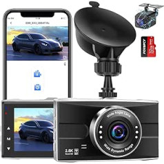 App Dash Cam automašīnas priekšā un aizmugurē, dubultā automašīnas kamera ar WiFi, 2,5K QHD + 1080P FHD, nakts redzamība, WDR, 170° platleņķis, stāvvietas novērošana, ūdensizturīga atpakaļgaitas kamera, G sensors, cilpas ierakstīšana