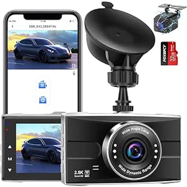 App Dash Cam automašīnas priekšā un aizmugurē, dubultā automašīnas kamera ar WiFi, 2,5K QHD + 1080P FHD, nakts redzamība, WDR, 170° platleņķis, stāvvietas novērošana, ūdensizturīga atpakaļgaitas kamera, G sensors, cilpas ierakstīšana