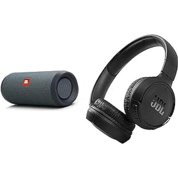 JBL Flip Essential 2 Bluetooth Box melnā krāsā — ūdensizturīgs un Tune 510BT — melnas Bluetooth austiņas uz ausīm — salokāmas austiņas ar brīvroku funkciju — līdz 40 stundām