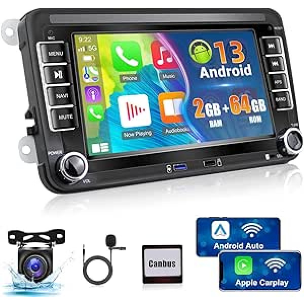 2+64G Android automašīnas radio priekš VW Golf Passat Polo, Skoda, sēdeklis ar bezvadu Apple Carplay un Android Car, skārienekrāns, spoguļošana, GPS Navi, WiFi, HiFi + AHD atpakaļgaitas kamera