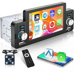 Hikity Apple Carplay automašīnas radio 1 DIN ar 5 collu ekrānu automašīnas radio skārienjutīgs displejs ar Bluetooth brīvroku sistēmu Android automašīnas spoguļa saite FM radio USB SWC ārējais mikrofons + atpakaļgaitas kamera