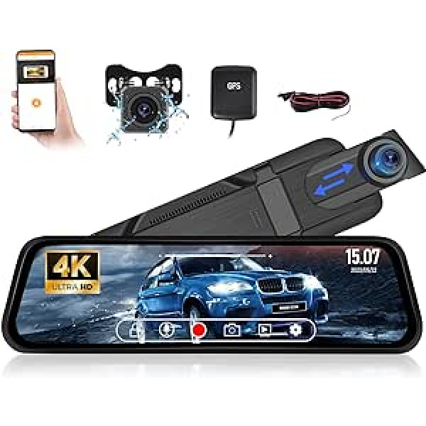 Podofo 4K Mirror Dashcam 9,66 collu skārienekrāns 1080P, automašīnas kameras atpakaļgaitas kamera, 1080P FHD 170° platleņķa nakts redzamības dubultā objektīvs, cilpas ierakstīšana, G sensors, parkošanās monitors