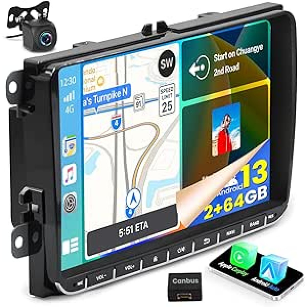 2G + 64GB Android 13 auto radio priekš VW Golf 5 6 Skoda Passat radio bezvadu Apple Carplay Android Car Bluetooth 2 DIN ar navigāciju 9 collu skārienekrāna radio ar WiFi HiFi FM RDS atpakaļgaitas kameru +