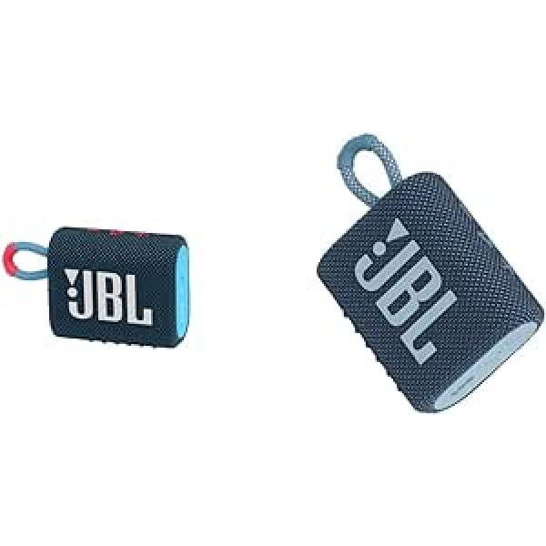 JBL GO 3 maza Bluetooth kastīte zilā un rozā krāsā — ūdensizturīgs, pārnēsājams skaļrunis ceļā — līdz 5 stundām atskaņošanas laiks ar vienu akumulatora uzlādi un GO 3 maza Bluetooth kastīte zilā krāsā, 1 iepakojumā