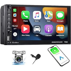 CAMECHO Car Radio Double DIN ar Carplay/Android Car, 7 collu ekrāns ar Bluetooth spoguļa saiti/FM/USB/AUX/TF karti/SWC MP5 atskaņotāju + ārēju mikrofonu + atpakaļgaitas kameru