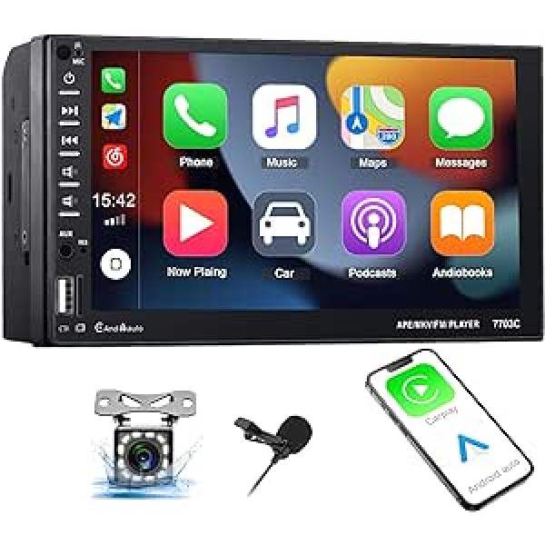 CAMECHO Car Radio Double DIN ar Carplay/Android Car, 7 collu ekrāns ar Bluetooth spoguļa saiti/FM/USB/AUX/TF karti/SWC MP5 atskaņotāju + ārēju mikrofonu + atpakaļgaitas kameru