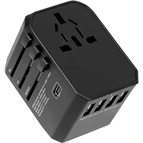 Ceļojumu adapteris visā pasaulē, universāls ceļojumu spraudnis ar 4 USB, 1 C tipa un 1 AC ligzdu, 5,6 A starptautiskās ligzdas adapteris, universālais adapteris Apvienotajai Karalistei ES ASV no spraudņa, 224+ valstis