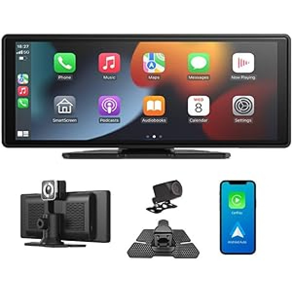 3T6B „Apple CarPlay“ ir „Android“ automobilis, nešiojamasis belaidis automobilinis radijas „Bluetooth“ su 4K Dash Cam priekiu, valdymas balsu, 10,26 colio HD jutiklinis ekranas, 1080P atbulinės eigos kamera, vaizdo kartojimas