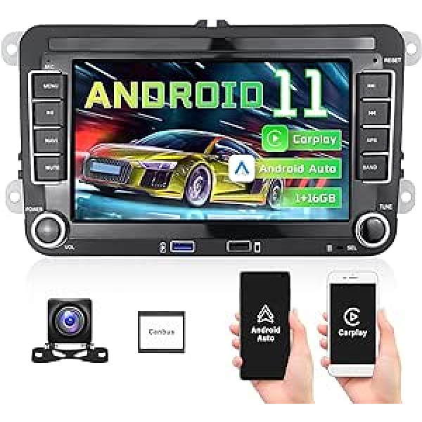 CAMECHO Android automašīnas radio priekš VW Golf 5 Golf 6 Polo Tiguan Touran T5 ar bezvadu Carplay/Android Car Double DIN ar navigācijas 7 collu ekrānu Bluetooth brīvroku komplekts FM + atpakaļgaitas kamera