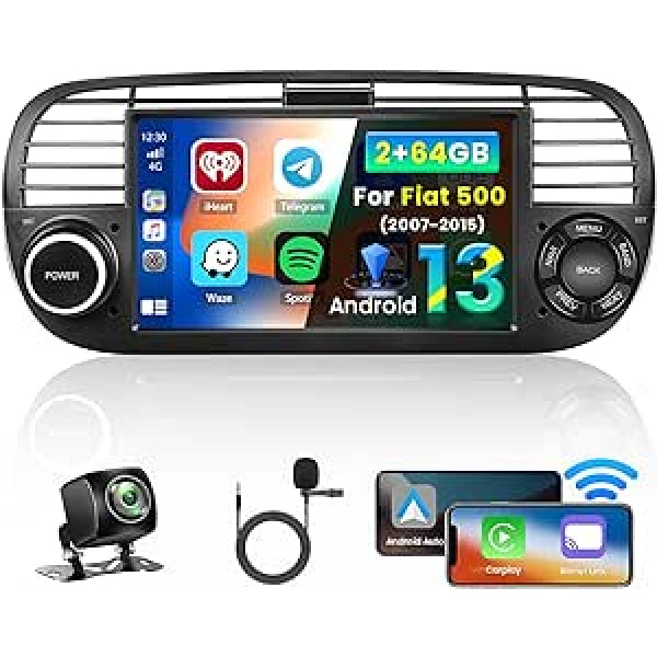 Inefala 2+64GB Android Carplay Autoradio für FIAT 500 2007-2015, 7 Zoll Touchscreen Radio ar CarPlay Android Auto, Bluetooth, Mirror Link, WiFi, GPS, RDS FM, AHD Rückfahrkamera (Schwarz)