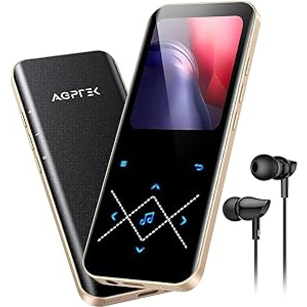 AGPTEK MP3 atskaņotājs Bluetooth 5.3, 64 GB HiFi skaņas mūzikas atskaņotājs ar 2,4 collu TFT krāsu ekrānu, austiņas, skaļruņi, skārienpogas, FM radio, e-grāmata, ierakstīšana, atbalsta TF-128 GB, melnais zelts