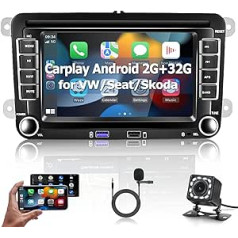 Podofo Android Car Radio priekš VW Golf, 2G + 32G, Wireless Carplay un Android Car, 7 collu skārienekrāns GPS HiFi Bluetooth WiFi FM RDS USB automašīnas radio navigācija priekš Seat Skoda Passat + AHD kamera