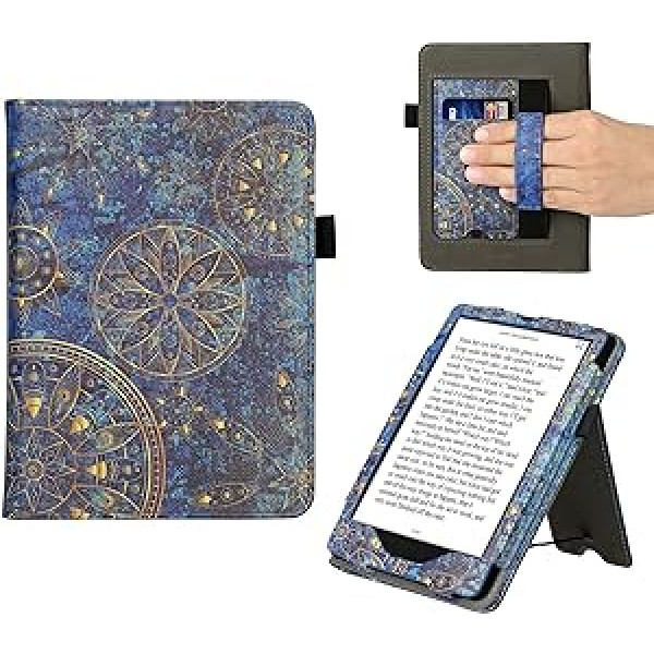 kwmobile Flip Cover saderīgs ar Amazon Kindle Paperwhite (11. gen. — 2021) — futrālis ar rokas siksniņu Mandala dzeltens, tumši zils