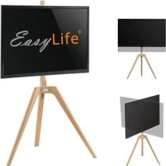 EasyLife - TV Tripod Wooden Easel Tripod - Studio TV Stand up to 65 Inches & 40 kg TV/Monitor, Swivelling, Height Adjustable, Cable Management, VESA up to 400 x 400 (White/Beech)