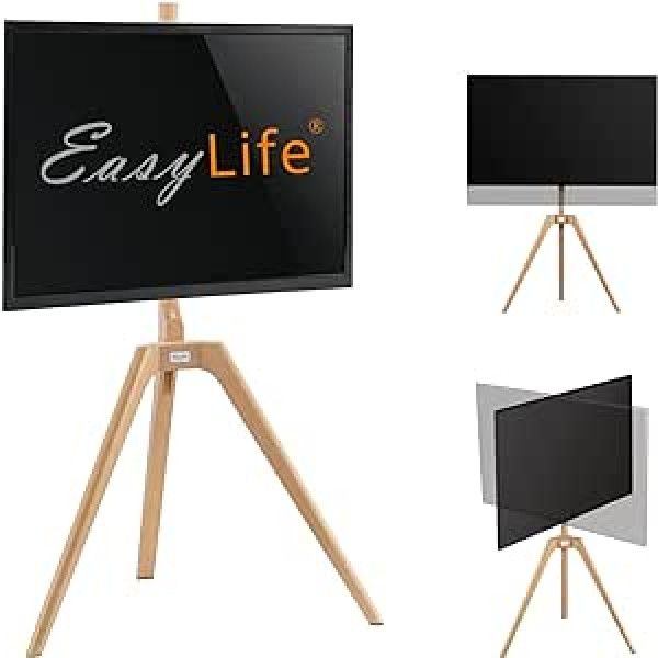 EasyLife — TV statīvs, koka molberts statīvs — studijas TV statīvs līdz 65 collām un 40 kg televizors/monitors, grozāms, regulējams augstums, kabeļu pārvaldība, VESA līdz 400 x 400 (balts/dižskābardis)