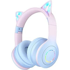 VuyKoo bērnu Bluetooth austiņas ar HD mikrofonu, Girls Cat Ear austiņas uz ausīm ar LED gaismu, Saliekamas stereo austiņas Bezvadu austiņas mobilajam tālrunim/planšetdatoram/personālajam datoram (zilas)