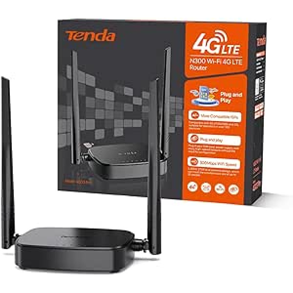 Tenda 4G03 Pro 4G LTE maršrutētājs, WLAN maršrutētājs nano SIM kartēm (N300 CAT4, 150 Mbps lejupielādei, 300 Mbps 2,4 GHz) 2 x 4dBi antenas, Plug & Play, Fast Ethernet port, App, maršrutētāja režīms, LED, melns