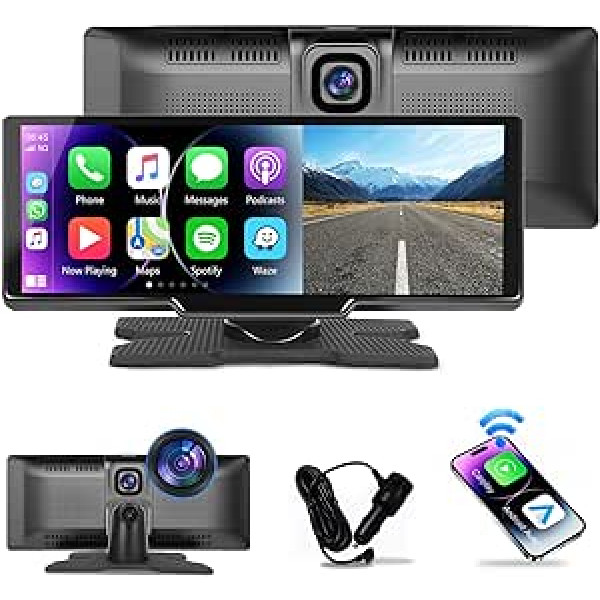 Podofo Wireless Carplay Android automašīnu portatīvais auto radio ar 9,3 collu ekrānu Bluetooth 2 dalīta attēla DVR FM raidītājs Aux-in vienkārša uzstādīšana Plaša lietojumprogramma kravas automašīnu kemperiem