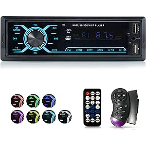 iFreGo automašīnas radio ar Bluetooth brīvroku komplektu, 7 krāsu automašīnas radio MP3 atskaņotājs/FM radio ar tālvadības pulti, 1 DIN automašīnas radio ar Bluetooth 5.0 / USB / TF / AUX, ātrās uzlādes funkcija, 60 W x 4