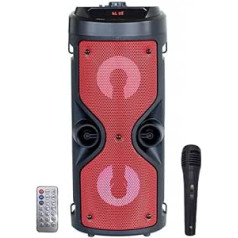 Bluetooth skaļrunis — pārnēsājams skaļrunis ar karaoke režīmu un mikrofonu, FM radio, USB un SD karšu lasītājs, LED apgaismojums diskotēkās, bezvadu skaļrunis (sarkans)