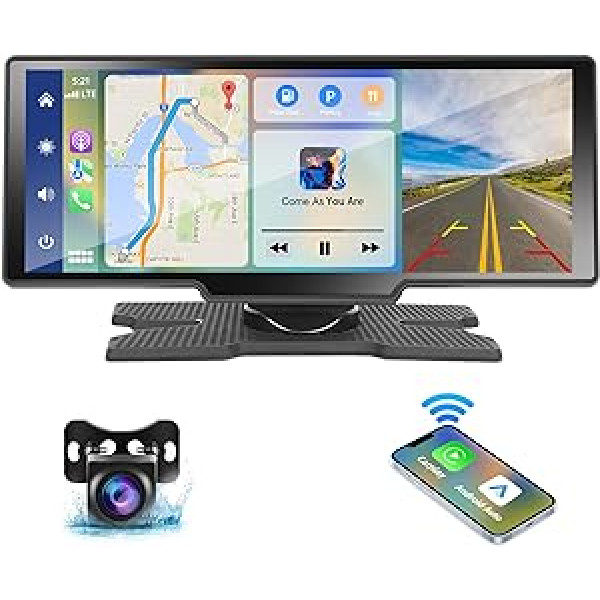 Podofo 10,26 collu portatīvais automašīnas radio ar bezvadu Apple Carplay Android automašīnas ierakstītāja ekrānu, 7–32 V skārienekrāns ar balss palīgu/Bluetooth/FM raidītāju/AUX/TF karti + AHD atpakaļgaitas kameru