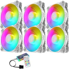 6 x Fan White LED ARGB Colour PC Case 120 mm Fan White Hub LED RGB with Remote Control Aura SYNC 3 Pin Quiet High Airflow for Cooling Dessktop