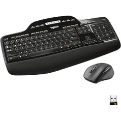 „Logitech MK710“ belaidės klaviatūros ir pelės rinkinys, 2,4 GHz jungtis per USB Unifying imtuvą, 3 metų baterijos veikimo laikas, LCD baterijos indikatorius, delno atramas, kompiuteris / nešiojamas kompiuteris, US QWERTY išdėstymas – juodas